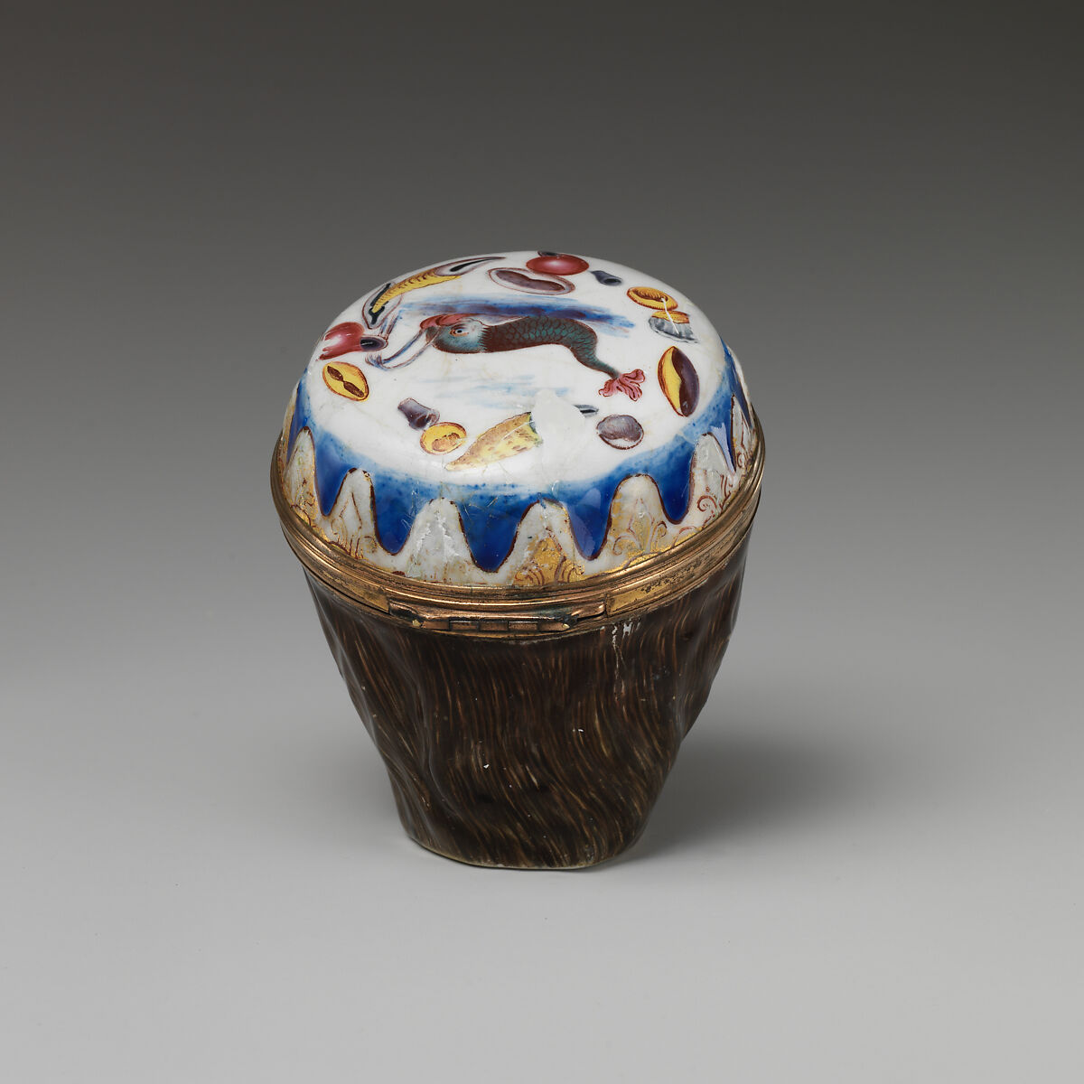 Neptune's head bonbonnière, Enameled copper, British, possibly Birmingham