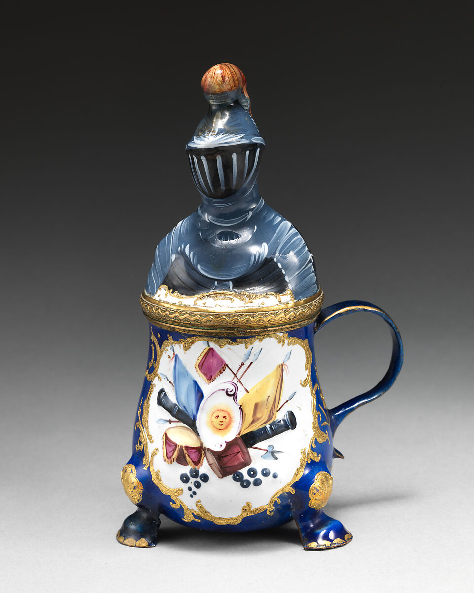 Mustard pot with knight-shaped cover, Enamel on copper, British, probably South Staffordshire 