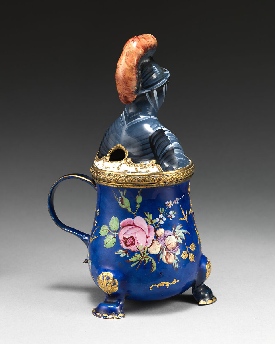 Mustard pot with knight-shaped cover, Enamel on copper, British, probably South Staffordshire
