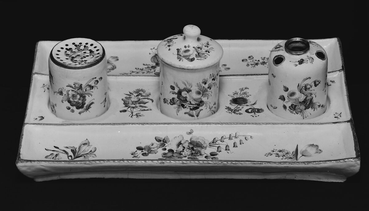 Standish with pounce pot, wafer box, and inkwell, Enamel on copper, British, possibly Birmingham