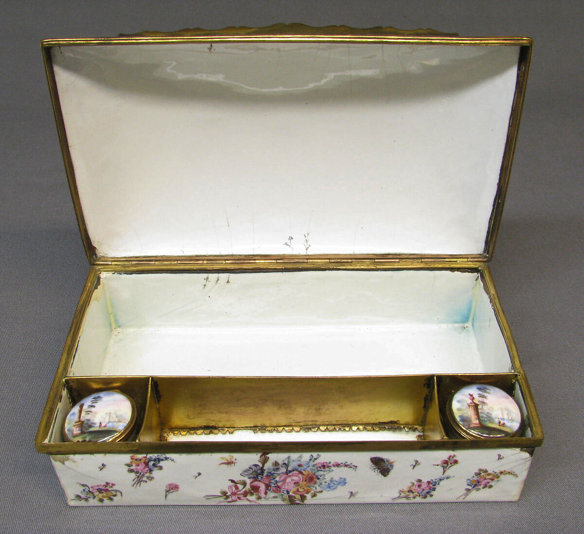 Writing box, Enameled copper; implements of glass, gilt copper, and enameled copper, British, possibly Birmingham