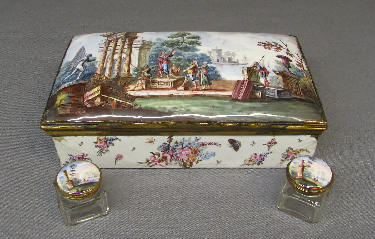 Writing box, Enameled copper; implements of glass, gilt copper, and enameled copper, British, possibly Birmingham