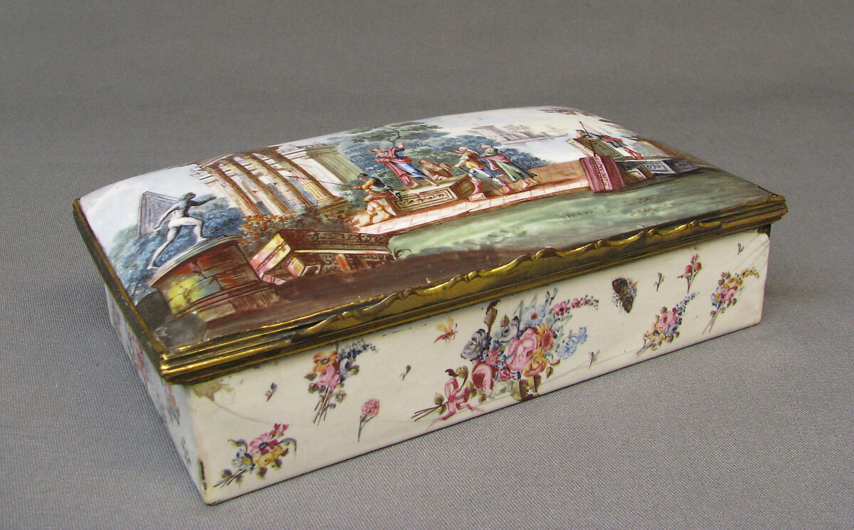 Writing box, Enameled copper; implements of glass, gilt copper, and enameled copper, British, possibly Birmingham