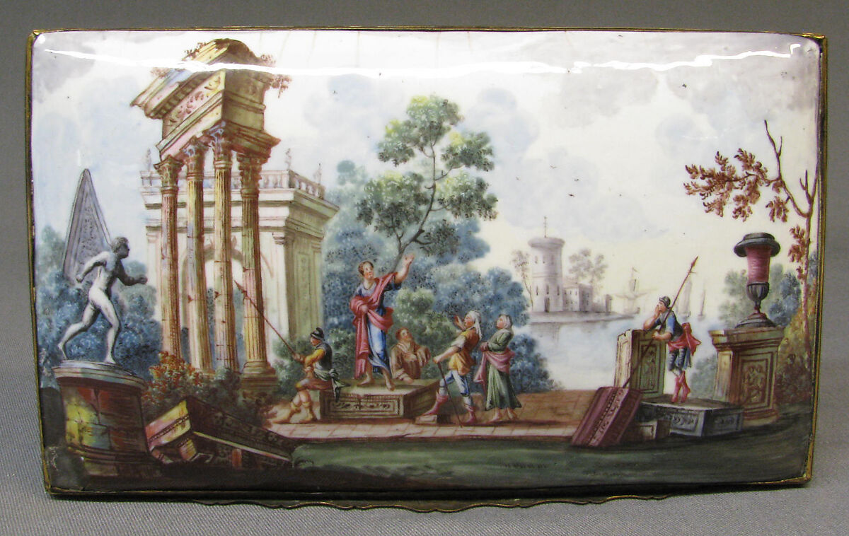 Writing box, Enameled copper; implements of glass, gilt copper, and enameled copper, British, possibly Birmingham