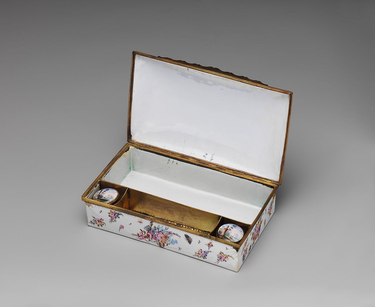 Writing box, Enameled copper; implements of glass, gilt copper, and enameled copper, British, possibly Birmingham