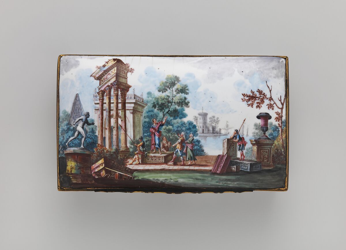 Writing box, Enameled copper; implements of glass, gilt copper, and enameled copper, British, possibly Birmingham