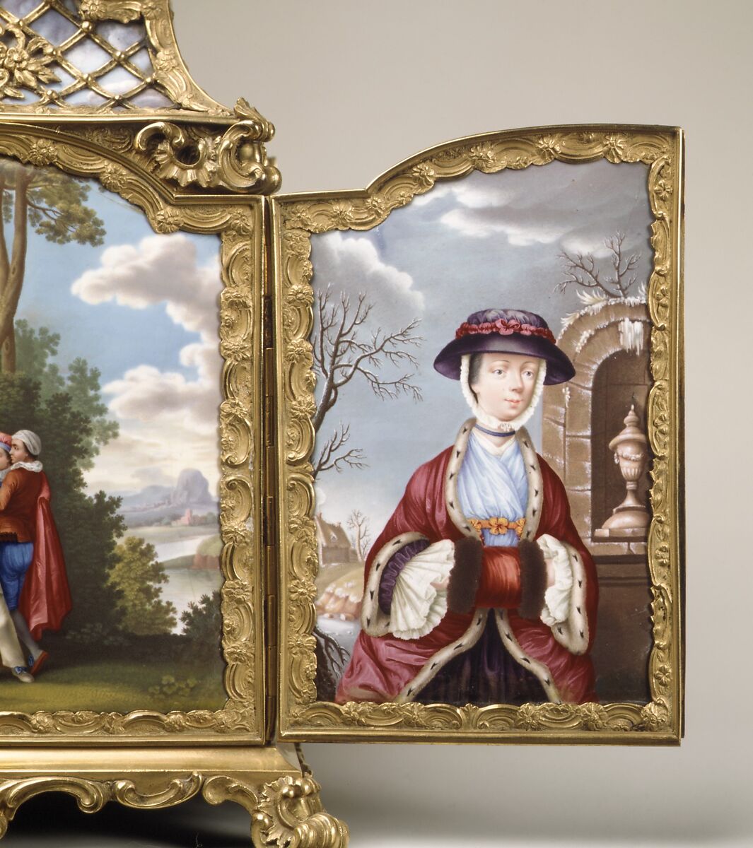 Jewel cabinet with watch, James Cox (British, ca. 1723–1800), Case: agate, mounted in gilded copper and gilded brass and set with painted enamel on copper plaques, and fruitwood; Dial: white enamel, British, London