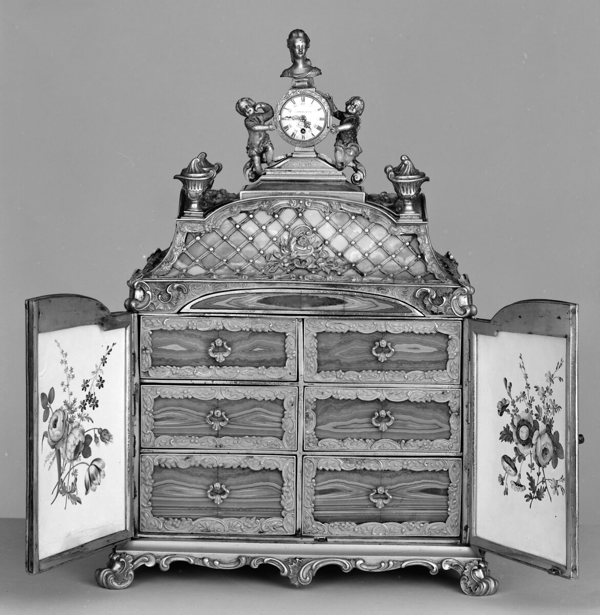 Jewel cabinet with watch, James Cox (British, ca. 1723–1800), Case: agate, mounted in gilded copper and gilded brass and set with painted enamel on copper plaques, and fruitwood; Dial: white enamel, British, London