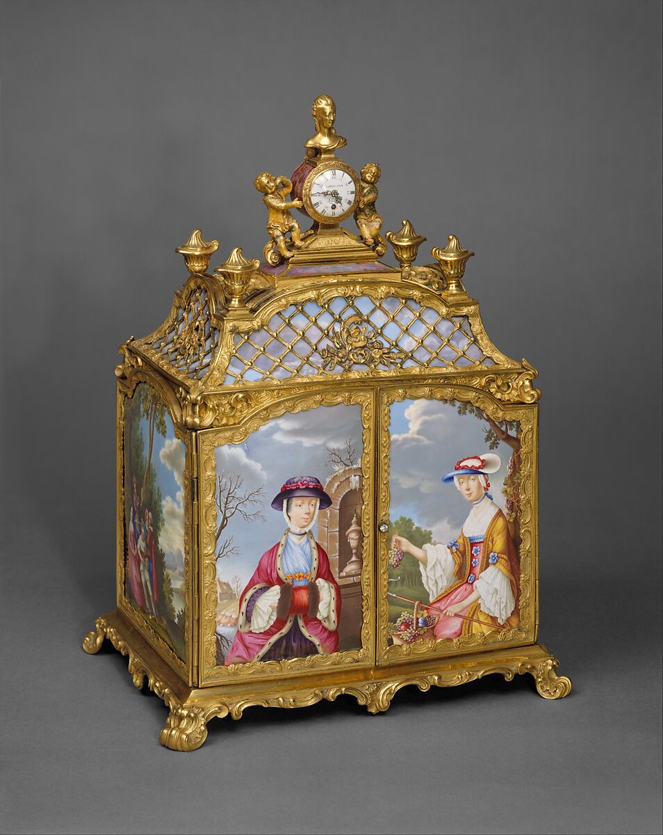 Jewel cabinet with watch, James Cox (British, ca. 1723–1800), Case: agate, mounted in gilded copper and gilded brass and set with painted enamel on copper plaques, and fruitwood; Dial: white enamel, British, London 