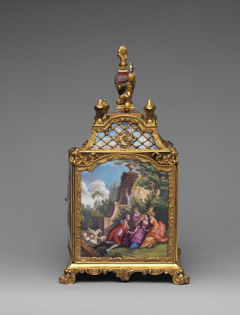 Jewel cabinet with watch, James Cox (British, ca. 1723–1800), Case: agate, mounted in gilded copper and gilded brass and set with painted enamel on copper plaques, and fruitwood; Dial: white enamel, British, London