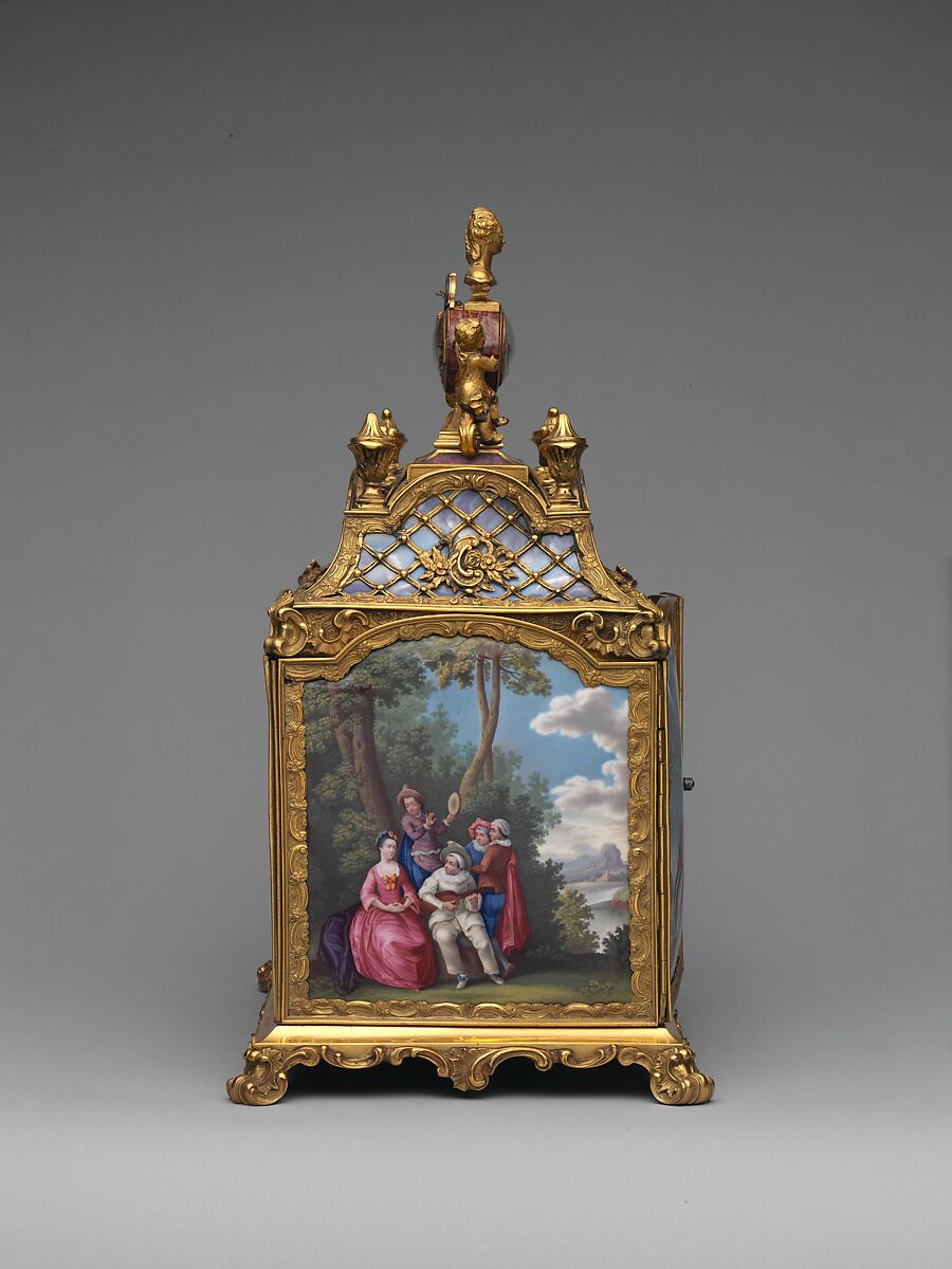 Jewel cabinet with watch, James Cox (British, ca. 1723–1800), Case: agate, mounted in gilded copper and gilded brass and set with painted enamel on copper plaques, and fruitwood; Dial: white enamel, British, London