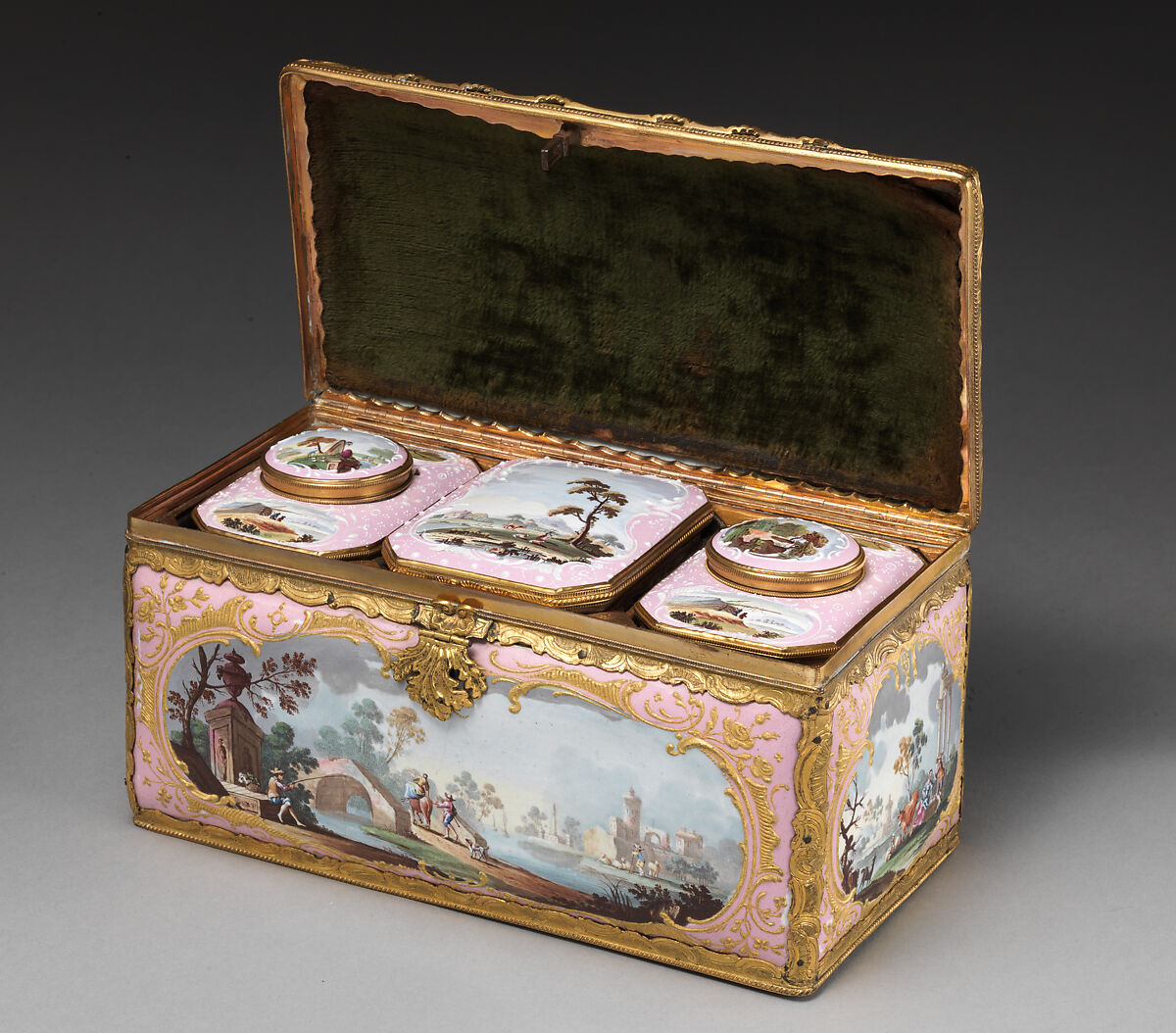 Tea casket, Enamel on copper, wood, velvet, British, South Staffordshire