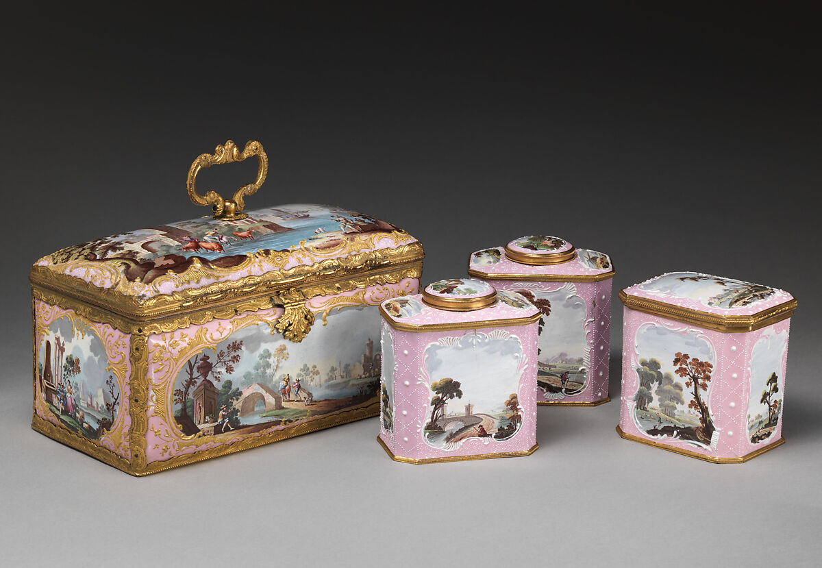 Tea casket, Enamel on copper, wood, velvet, British, South Staffordshire