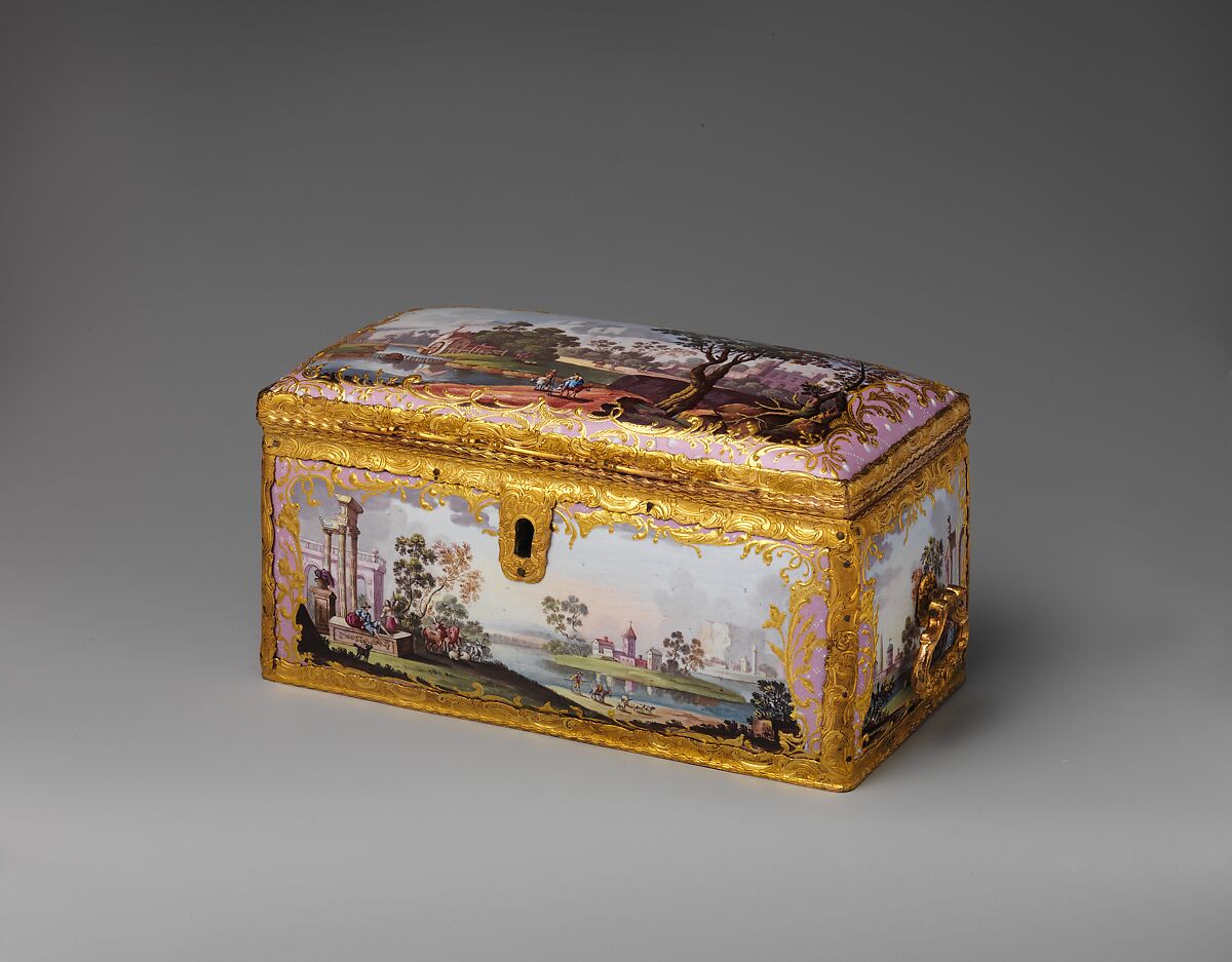 Tea casket (part of a set), White enamel on copper painted in polychrome enamels, British, South Staffordshire