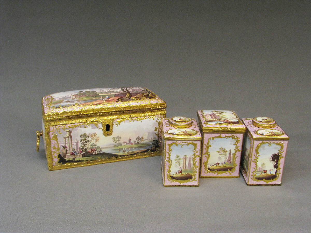 Tea caddy (part of a set), White enamel on copper painted in polychrome enamels, British, South Staffordshire