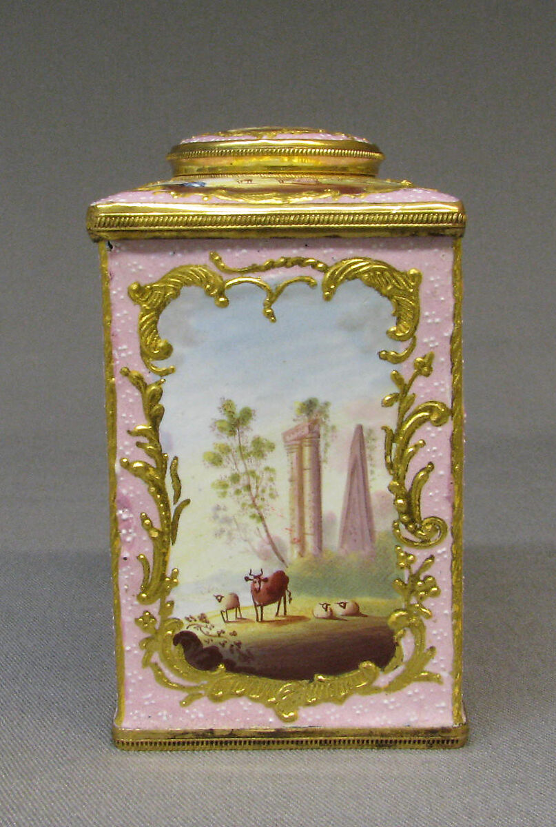 Tea caddy (part of a set), White enamel on copper painted in polychrome enamels, British, South Staffordshire