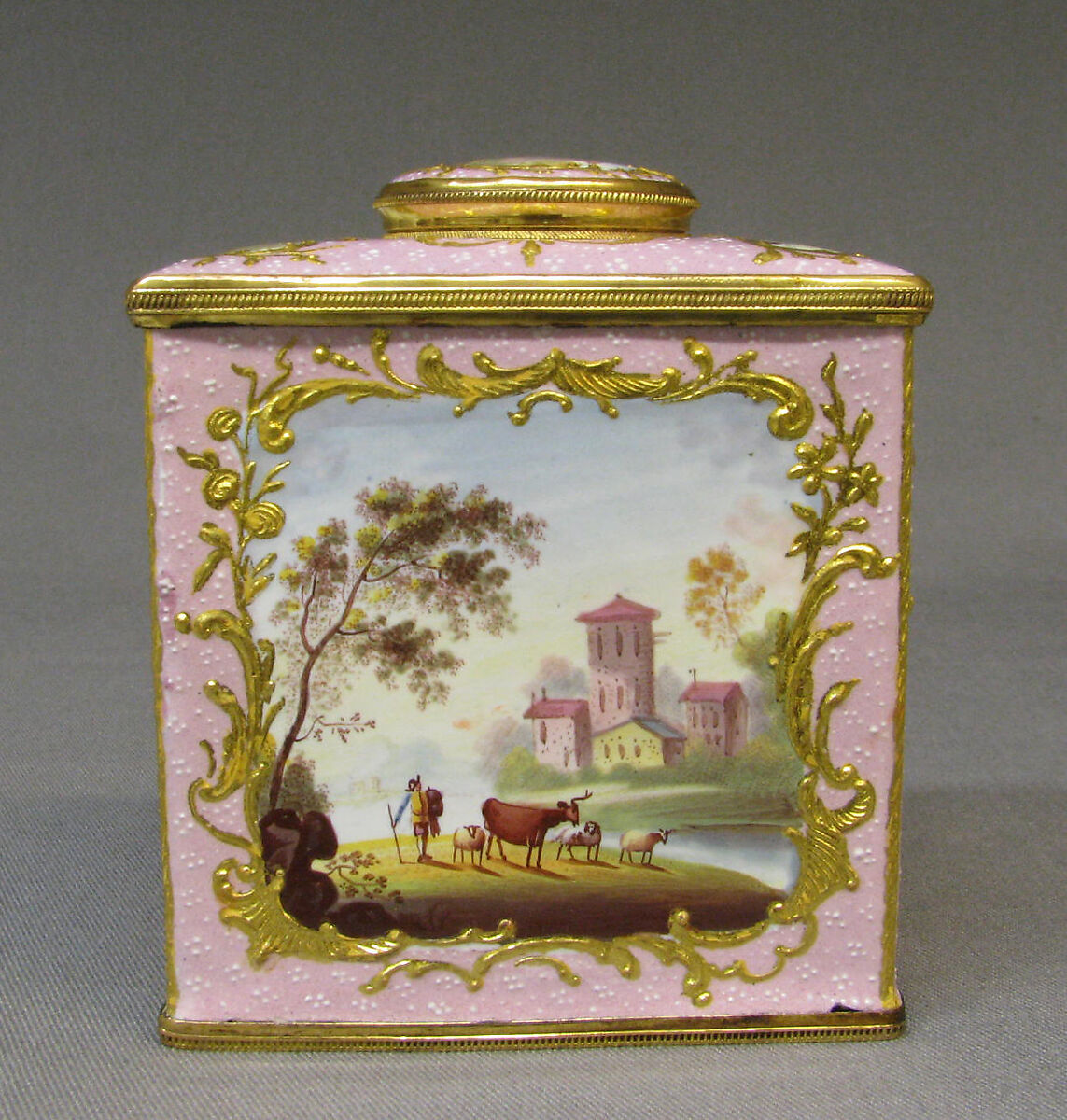Tea caddy (part of a set), White enamel on copper painted in polychrome enamels, British, South Staffordshire 