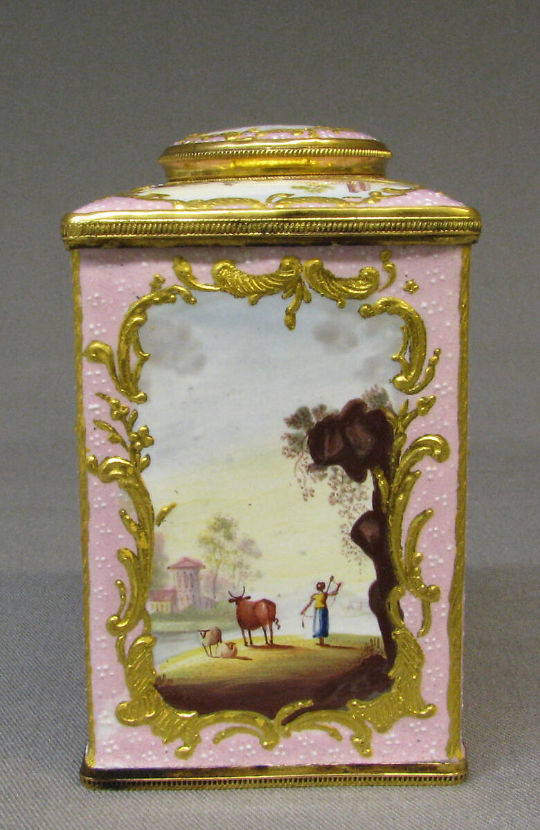 Tea caddy (part of a set), White enamel on copper painted in polychrome enamels, British, South Staffordshire