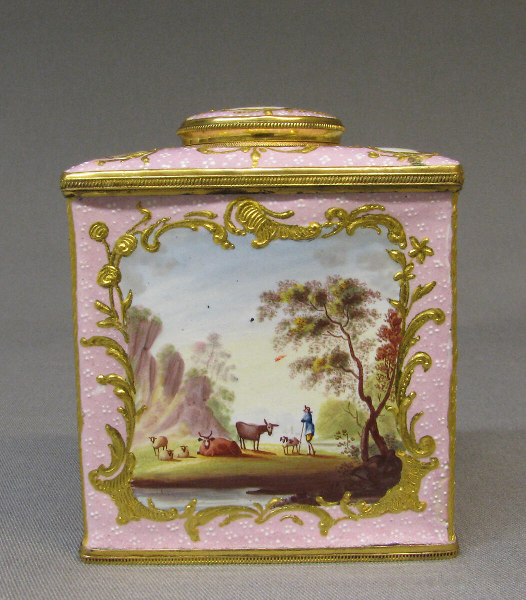 Tea caddy (part of a set), White enamel on copper painted in polychrome enamels, British, South Staffordshire