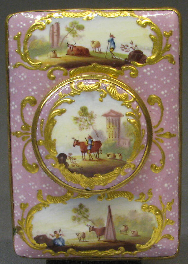Tea caddy (part of a set), White enamel on copper painted in polychrome enamels, British, South Staffordshire