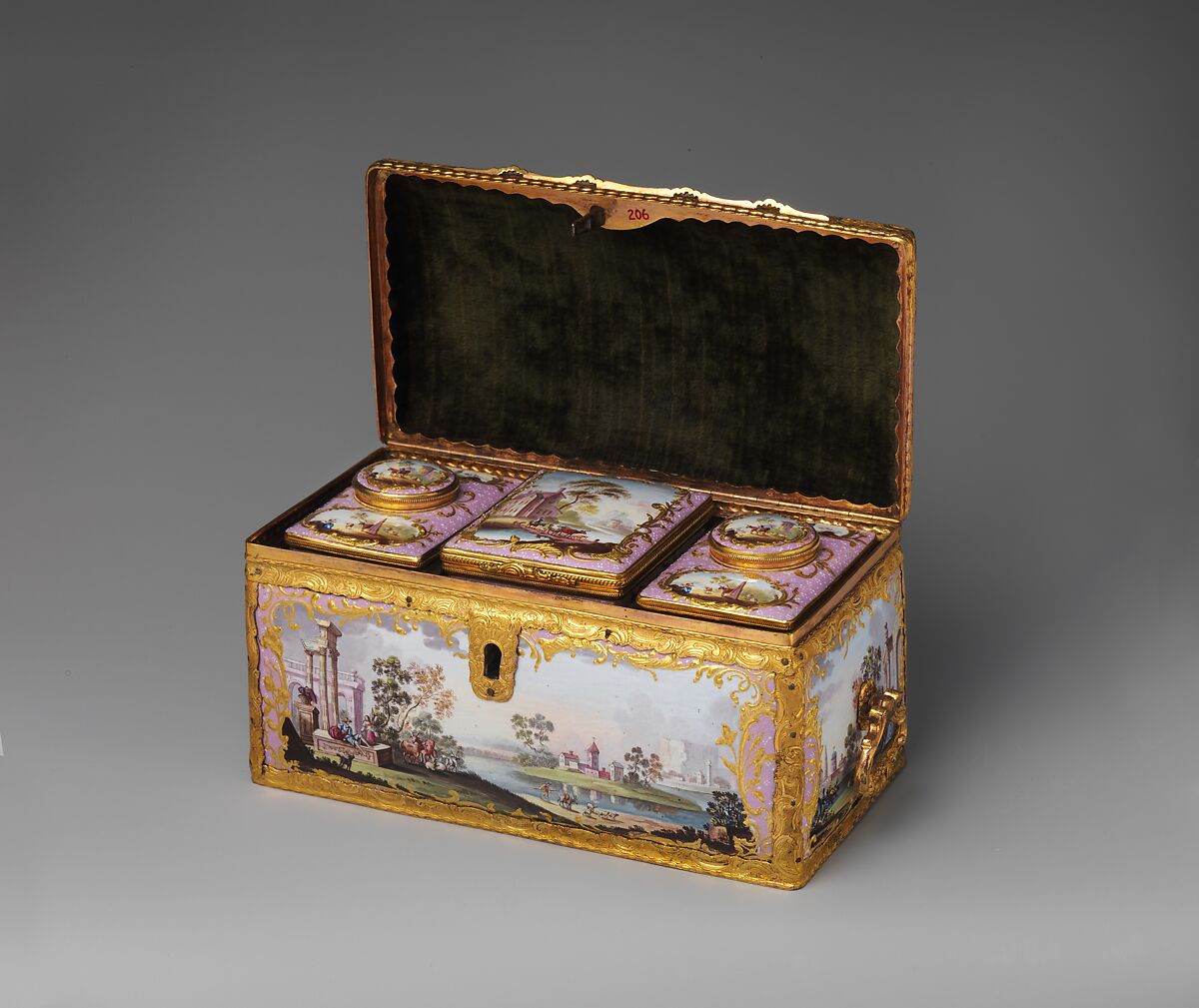 Tea caddy (part of a set), White enamel on copper painted in polychrome enamels, British, South Staffordshire