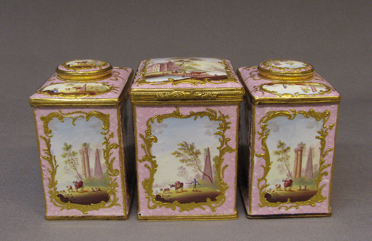 Sugar canister (part of a set), White enamel on copper painted in polychrome enamels, British, South Staffordshire