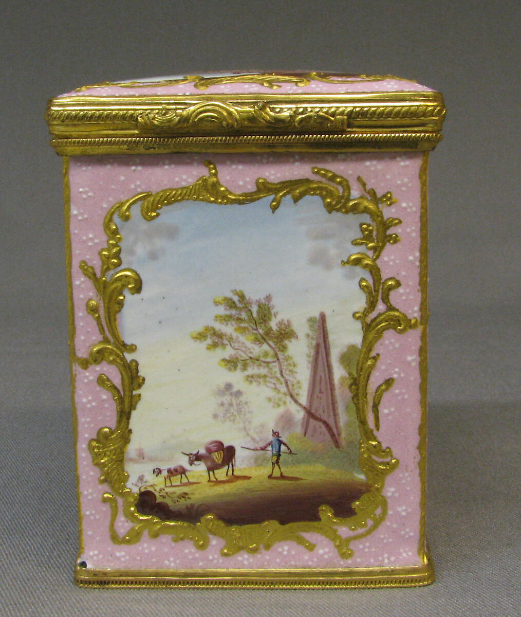 Sugar canister (part of a set), White enamel on copper painted in polychrome enamels, British, South Staffordshire