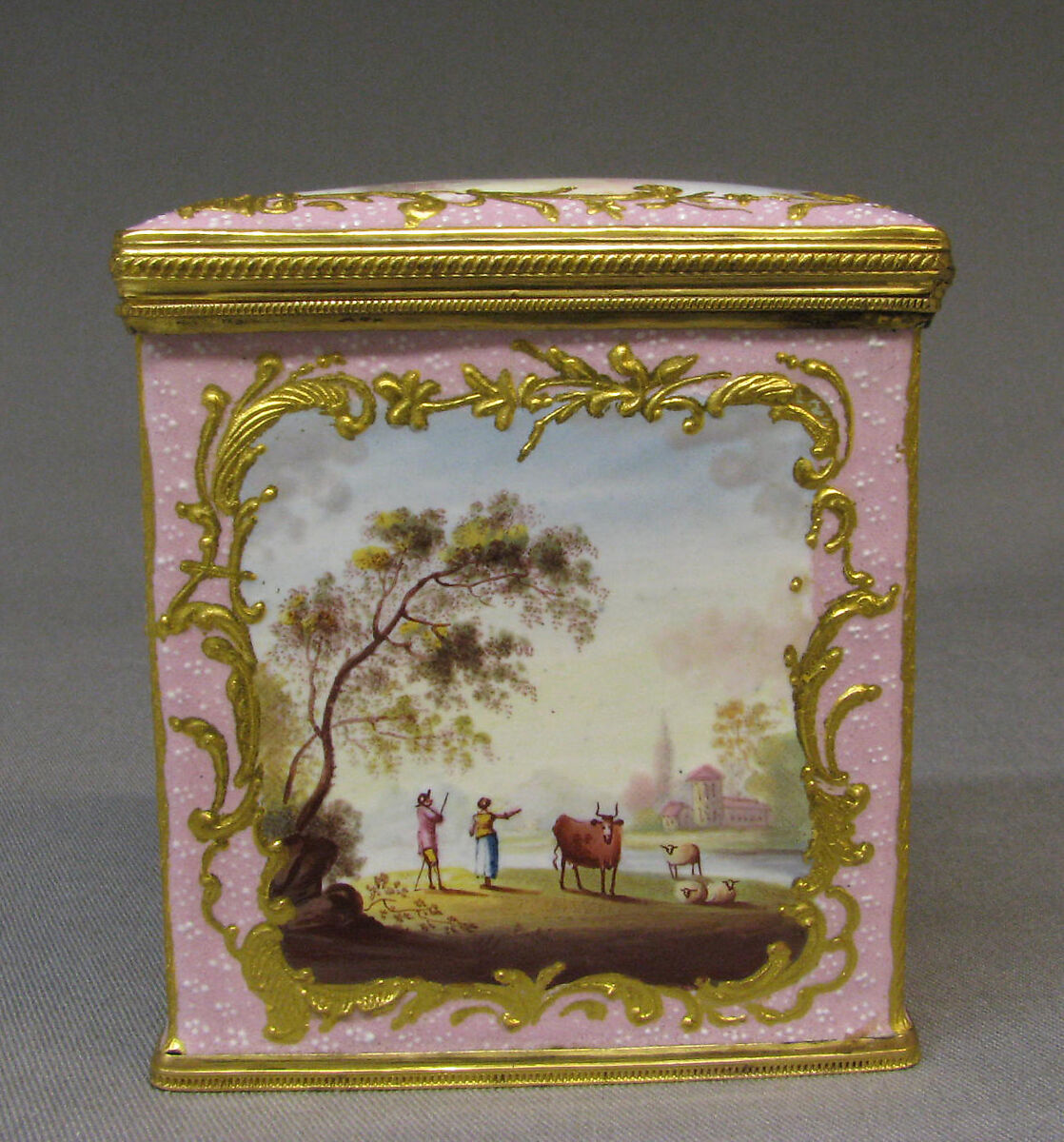 Sugar box (part of a set), White enamel on copper painted in polychrome enamels, British, South Staffordshire 