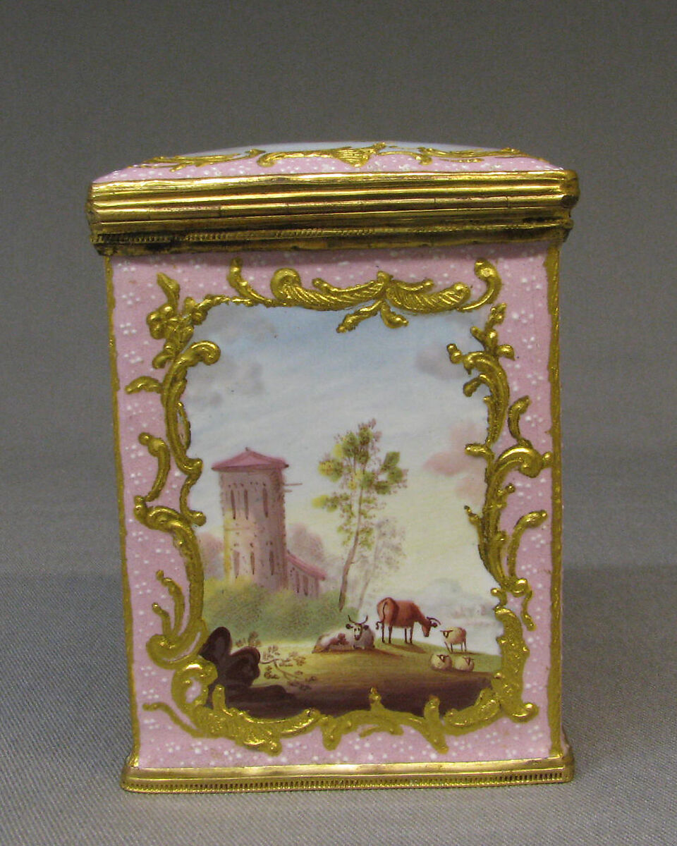 Sugar canister (part of a set), White enamel on copper painted in polychrome enamels, British, South Staffordshire