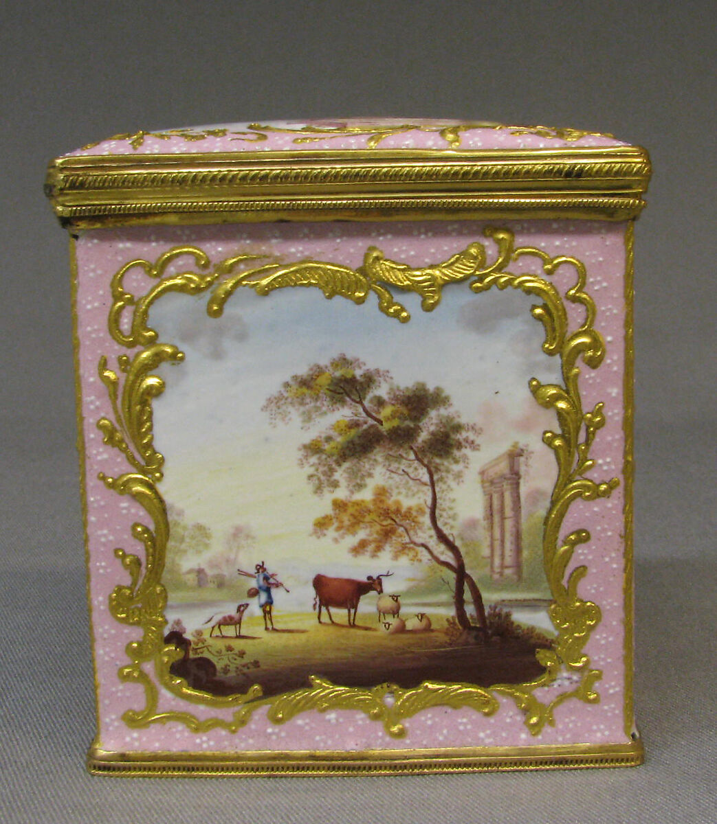 Sugar canister (part of a set), White enamel on copper painted in polychrome enamels, British, South Staffordshire