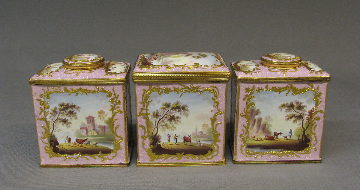 Tea caddy (part of a set), White enamel on copper painted in polychrome enamels, British, South Staffordshire