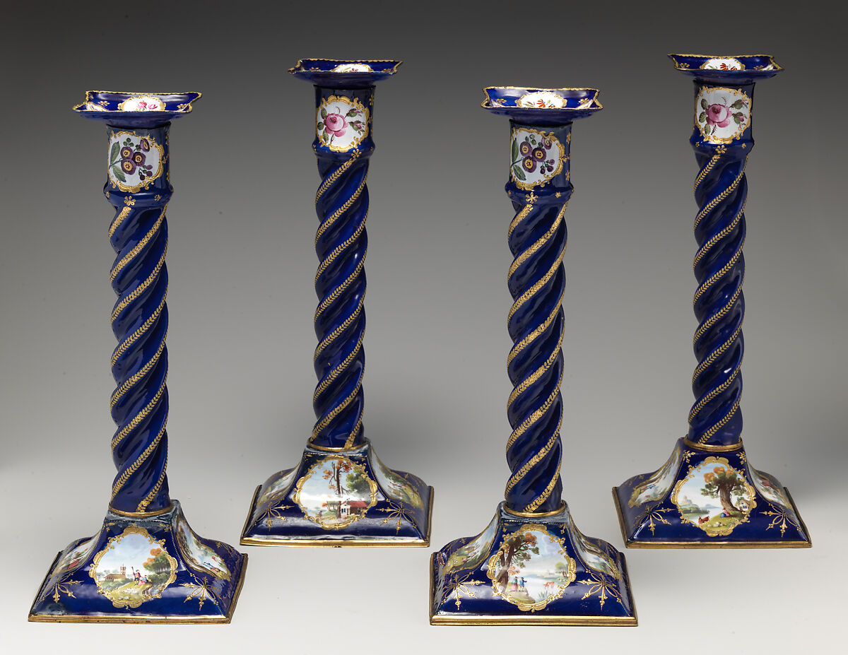 Candlesticks (4), Enamel on copper, British, South Staffordshire 