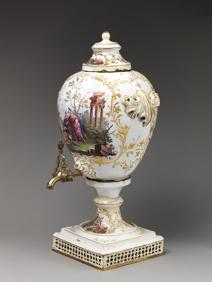Hot water urn with biblical scenes, main decorative scenes based on prints published by Joseph Wagner (Italian, Thalendorf 1706–1780 Venice), Enamel on copper, British, possibly South Staffordshire