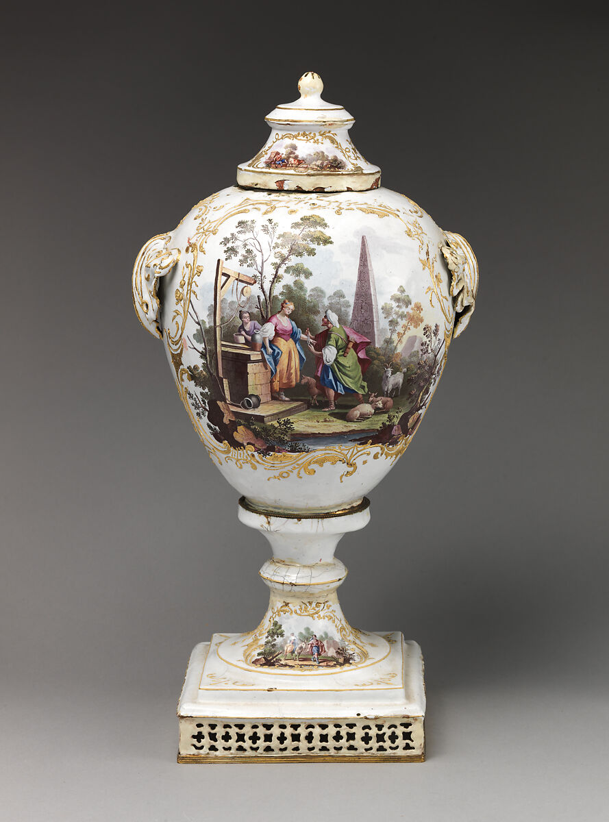 Hot water urn with biblical scenes, main decorative scenes based on prints published by Joseph Wagner (Italian, Thalendorf 1706–1780 Venice), Enamel on copper, British, possibly South Staffordshire