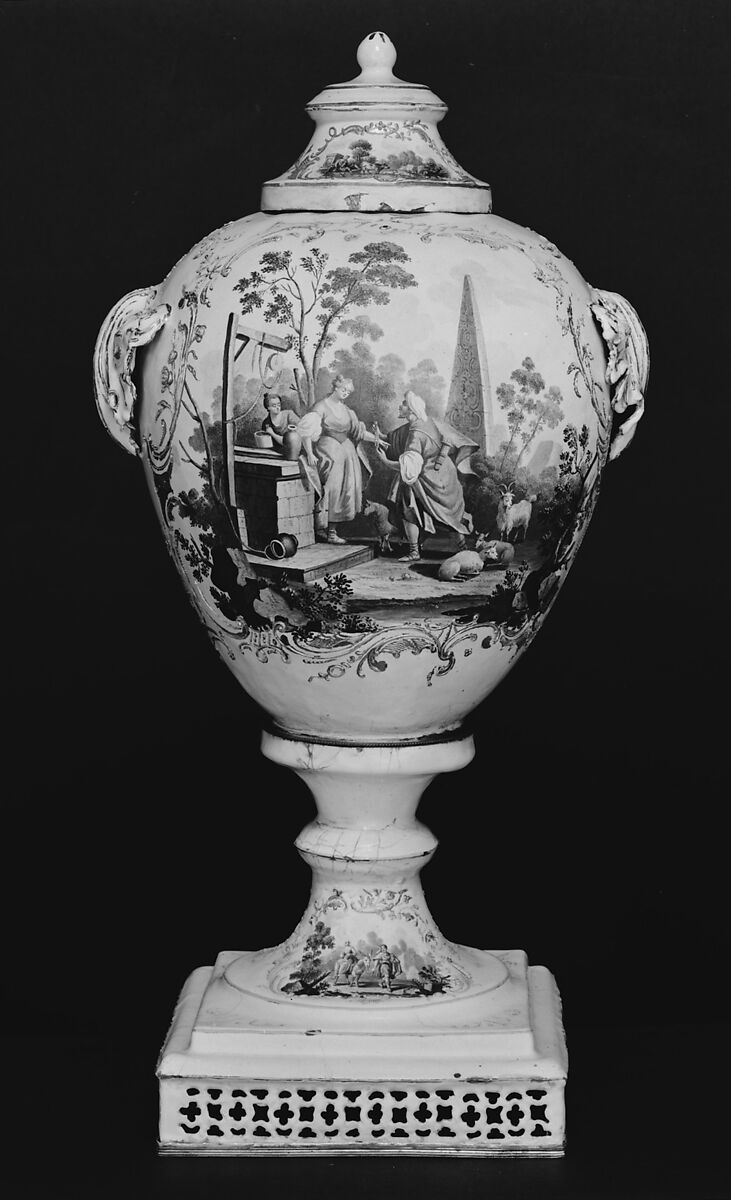 Hot water urn with biblical scenes, main decorative scenes based on prints published by Joseph Wagner (Italian, Thalendorf 1706–1780 Venice), Enamel on copper, British, possibly South Staffordshire