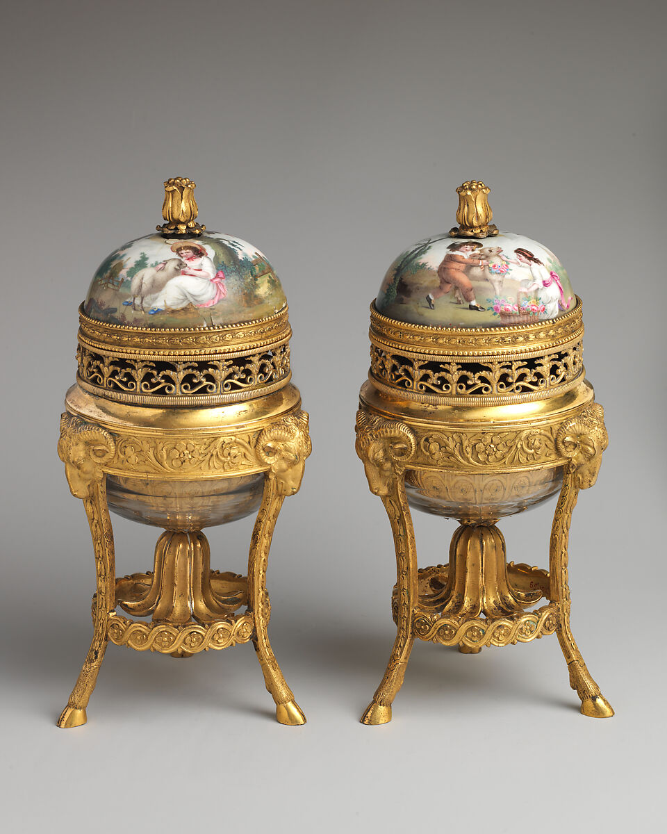 Pair of cassolettes, Mounts by Matthew Boulton (British, Birmingham 1728–1809 Birmingham), Enamel on copper, gilt bronze, British, Soho near Birmingham 