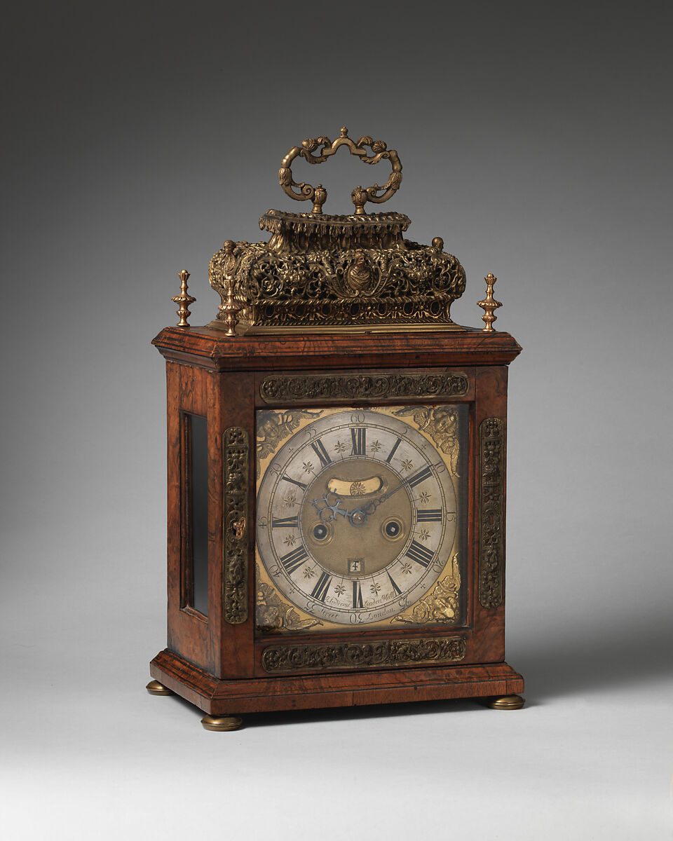 Table or bracket clock, Clockmaker: John Andrews (British, recorded 1680–1708), Gilded brass and steel; Case: walnut, walnut veneer, and gilded brass, British, London