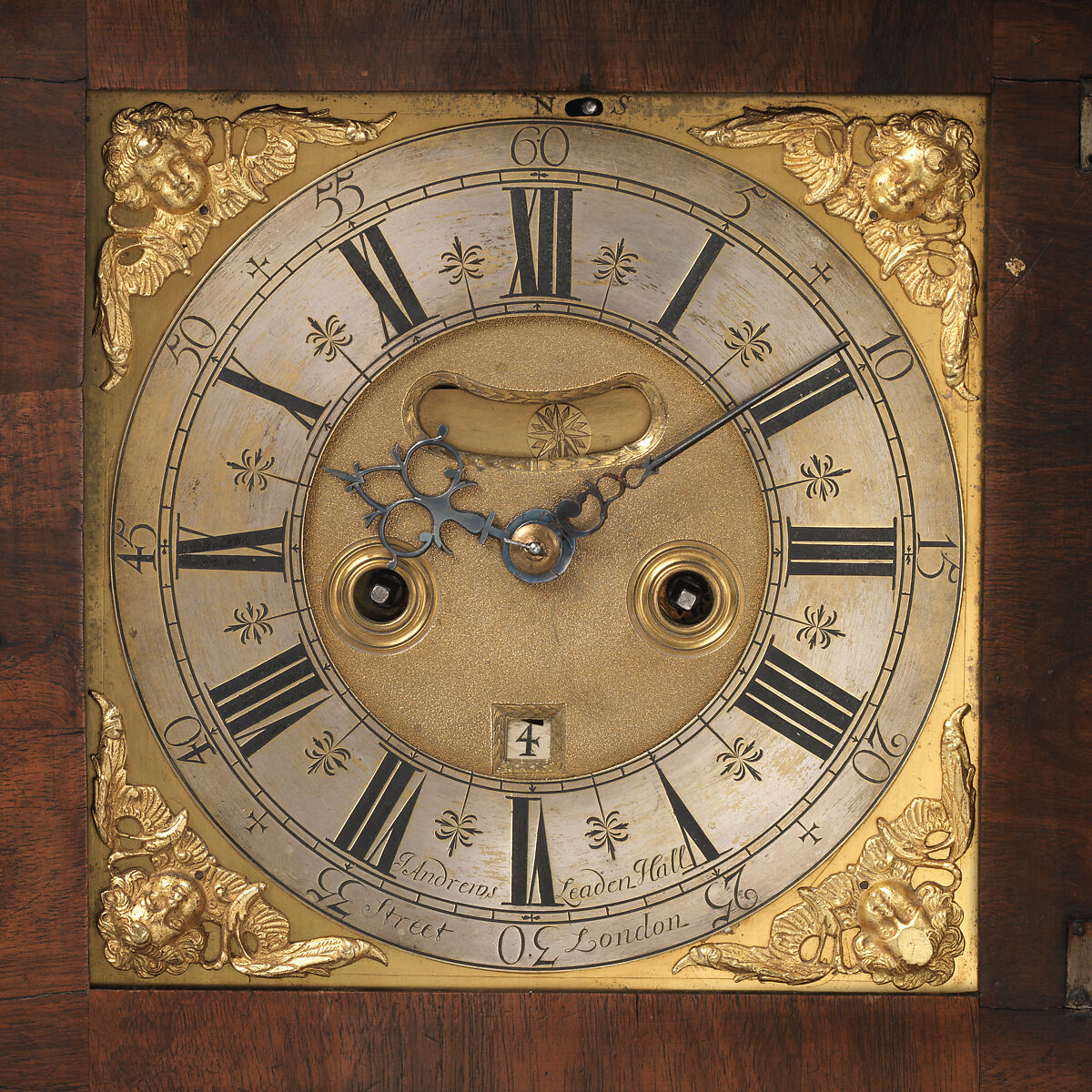 Table or bracket clock, Clockmaker: John Andrews (British, recorded 1680–1708), Gilded brass and steel; Case: walnut, walnut veneer, and gilded brass, British, London