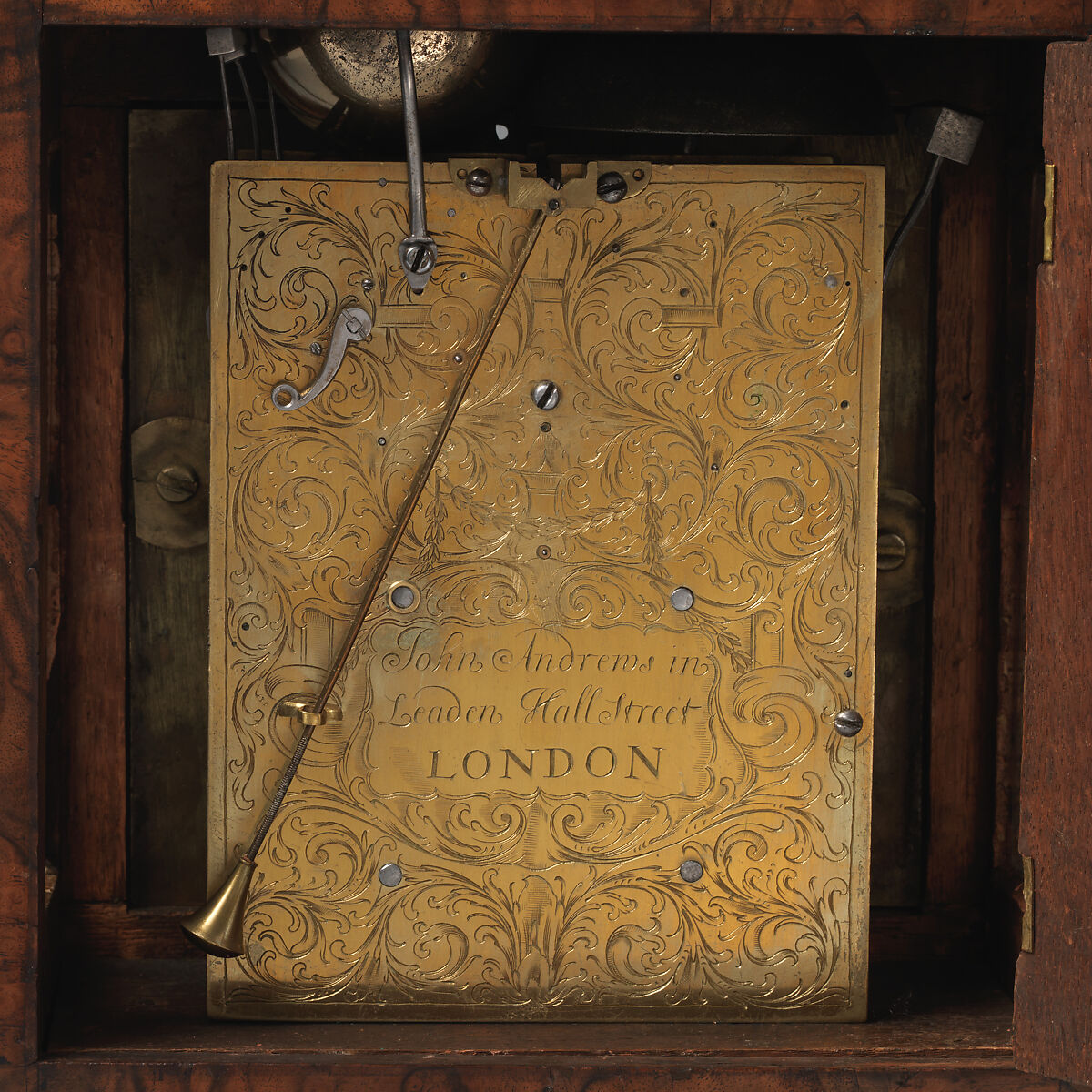Table or bracket clock, Clockmaker: John Andrews (British, recorded 1680–1708), Gilded brass and steel; Case: walnut, walnut veneer, and gilded brass, British, London