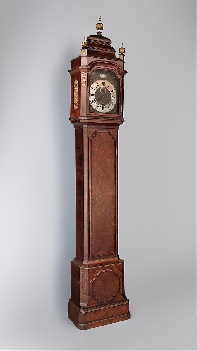 Longcase clock with calendar, Clockmaker: Daniel Delander (British, 1678–1733), Case: oak veneered with burl walnut and walnut-herringbone inlay; Dial: gilded and silvered brass; Movement: gilded brass and steel, British, London 