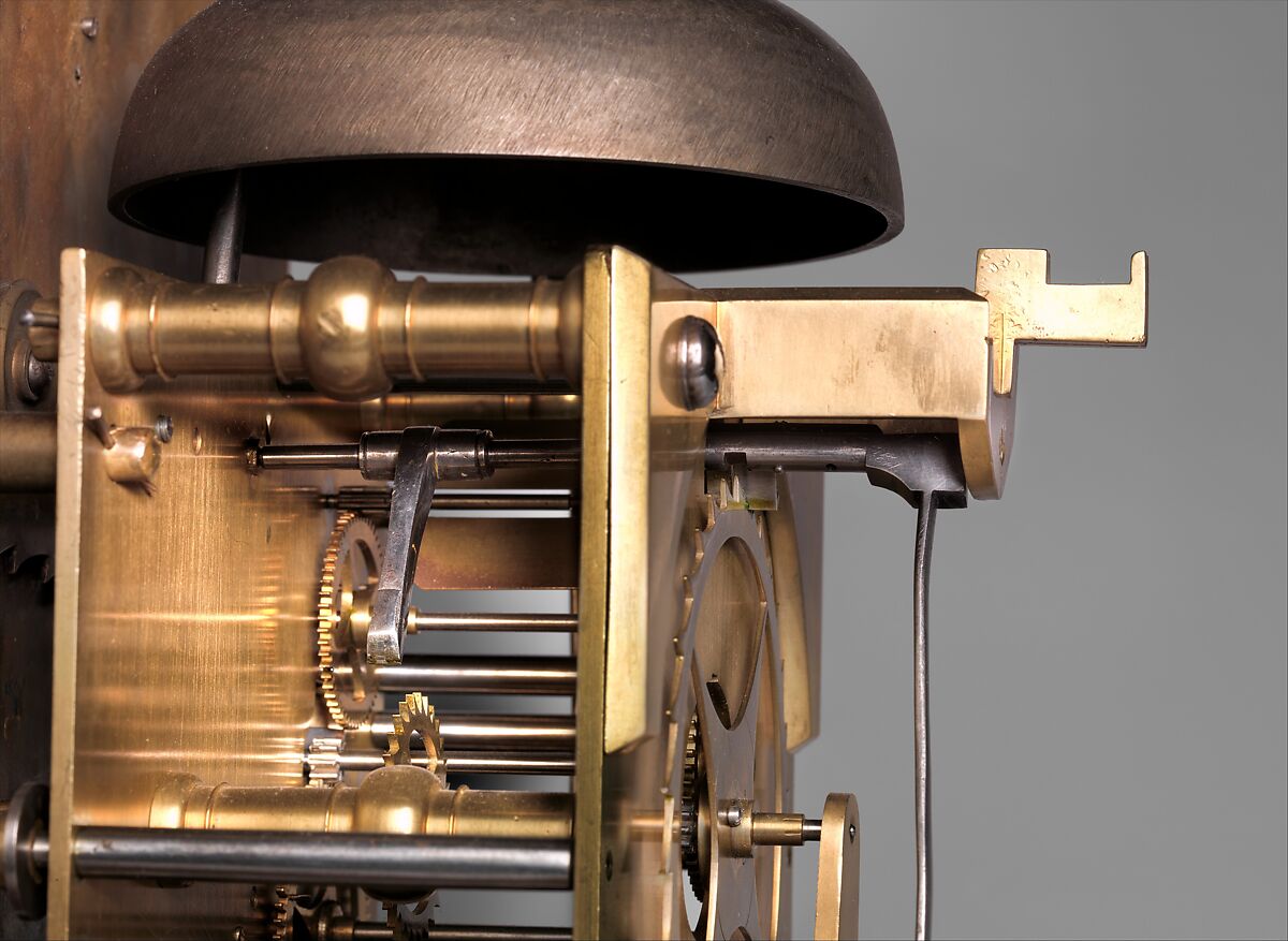 Longcase clock with calendar, Clockmaker: Daniel Delander (British, 1678–1733), Case: oak veneered with burl walnut and walnut-herringbone inlay; Dial: gilded and silvered brass; Movement: gilded brass and steel, British, London