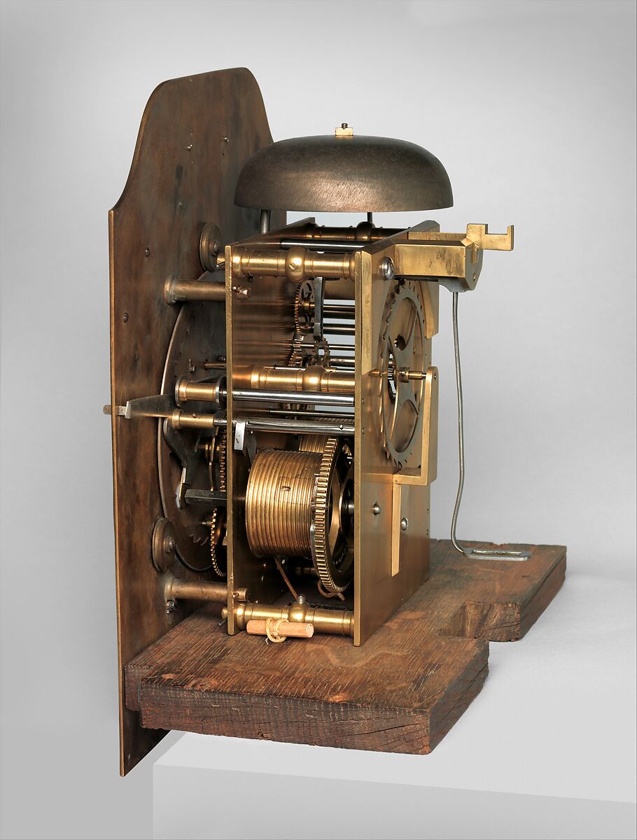 Longcase clock with calendar, Clockmaker: Daniel Delander (British, 1678–1733), Case: oak veneered with burl walnut and walnut-herringbone inlay; Dial: gilded and silvered brass; Movement: gilded brass and steel, British, London