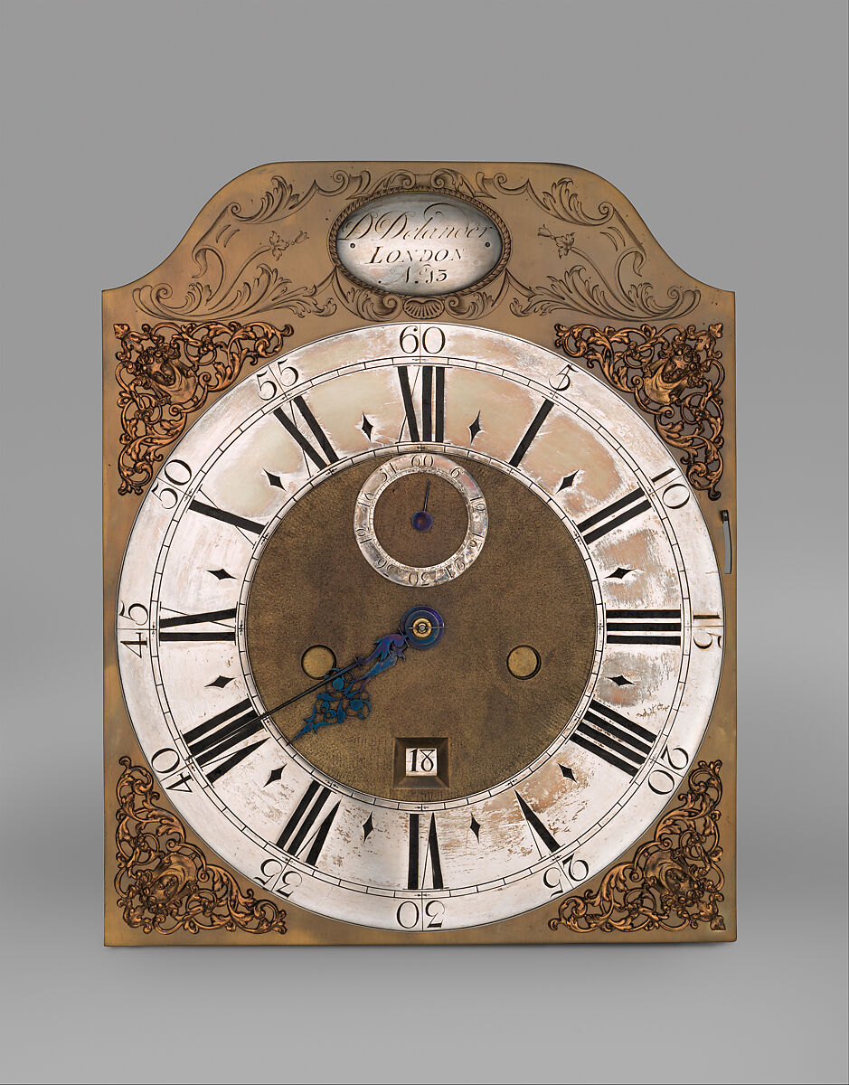 Longcase clock with calendar, Clockmaker: Daniel Delander (British, 1678–1733), Case: oak veneered with burl walnut and walnut-herringbone inlay; Dial: gilded and silvered brass; Movement: gilded brass and steel, British, London