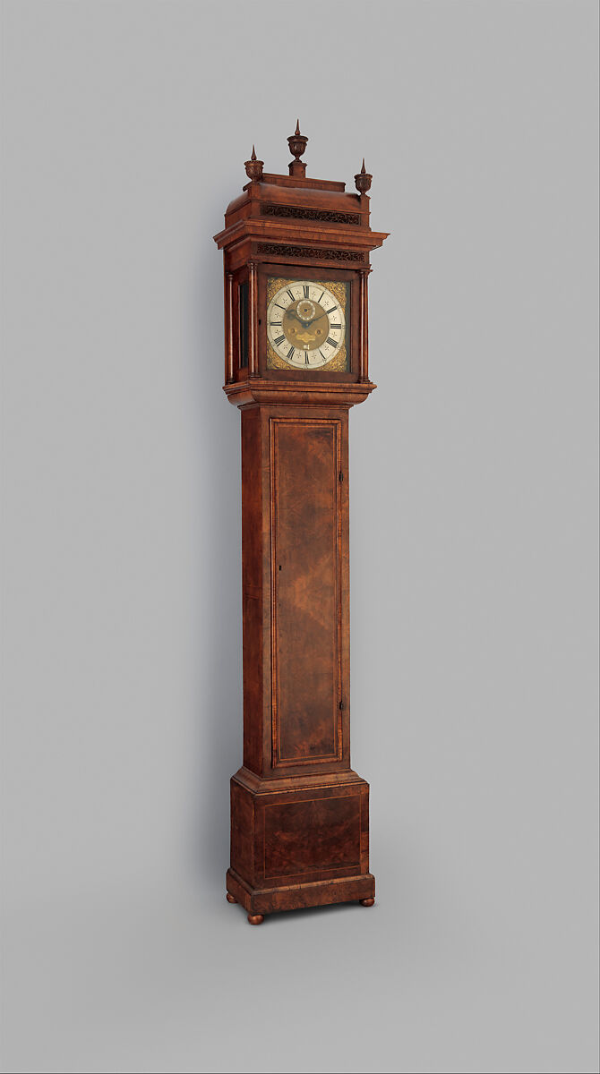 Longcase clock with calendar, Clockmaker: Thomas Tompion (British, 1639–1713), Case: walnut; oak veneered with walnut; and string inlays of holly and stained holly; Dial: partly gilded and partly silvered brass; Movement: brass and steel, British, London 