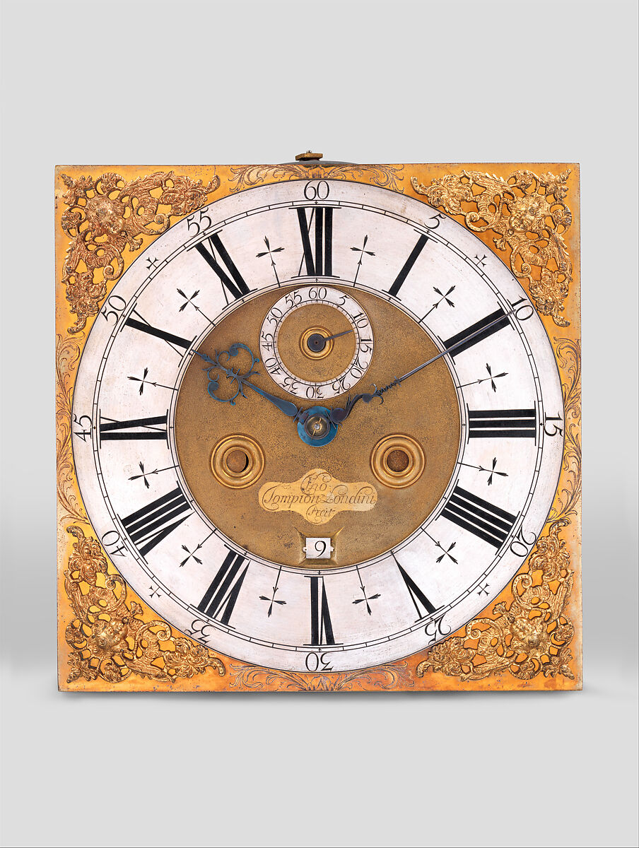 Longcase clock with calendar, Clockmaker: Thomas Tompion (British, 1639–1713), Case: walnut; oak veneered with walnut; and string inlays of holly and stained holly; Dial: partly gilded and partly silvered brass; Movement: brass and steel, British, London