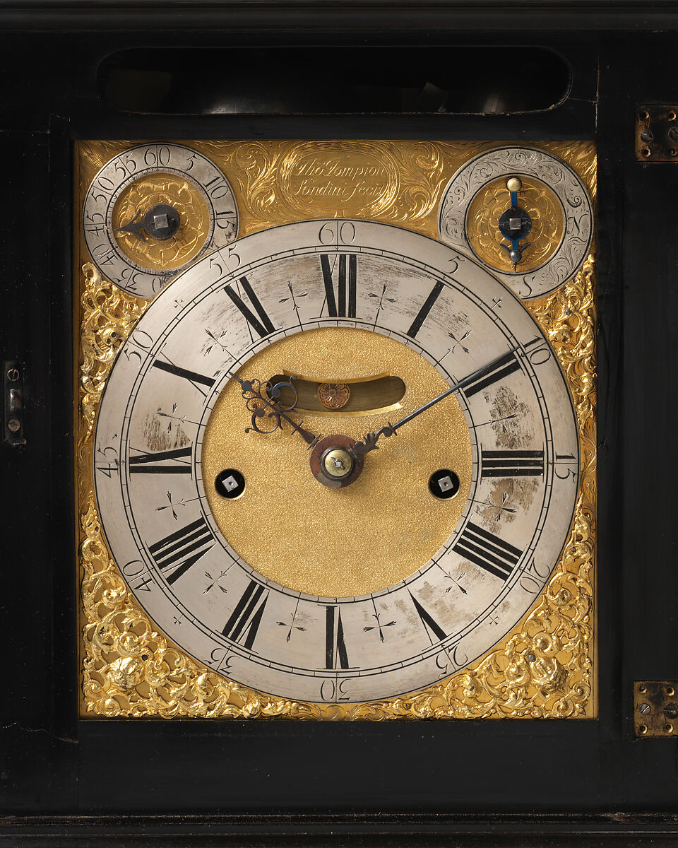 Table or bracket clock, Clockmaker: Thomas Tompion (British, 1639–1713), Case: ebony veneered on oak with gilded- and silvered-brass fittings; Movement: brass and steel, British, London
