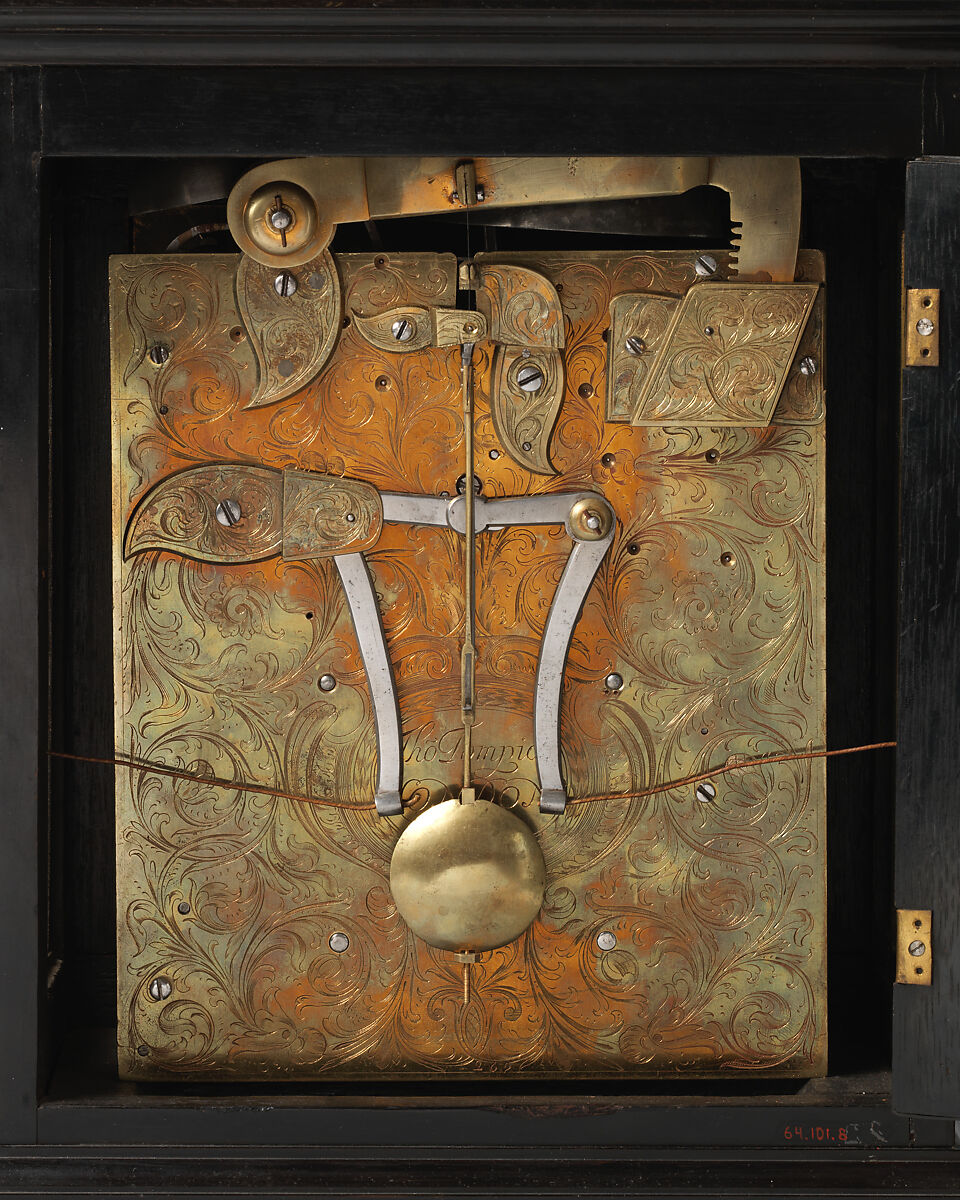 Table or bracket clock, Clockmaker: Thomas Tompion (British, 1639–1713), Case: ebony veneered on oak with gilded- and silvered-brass fittings; Movement: brass and steel, British, London