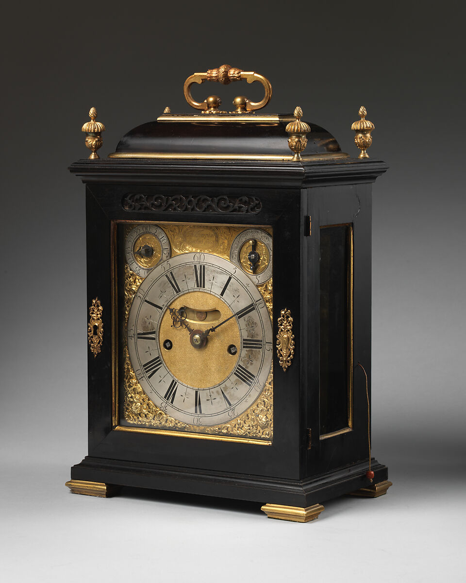 Table or bracket clock, Clockmaker: Thomas Tompion (British, 1639–1713), Case: ebony veneered on oak with gilded- and silvered-brass fittings; Movement: brass and steel, British, London