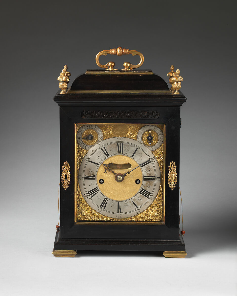 Table or bracket clock, Clockmaker: Thomas Tompion (British, 1639–1713), Case: ebony veneered on oak with gilded- and silvered-brass fittings; Movement: brass and steel, British, London 