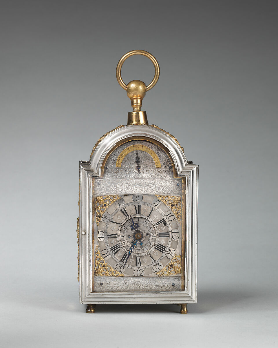 Traveling clock with alarm and calendar, Probably by Joseph Paulet (probably French, active 1687–1716), Case and dial: silver, partially gilded; brass, partially gilded; steel, British, London 